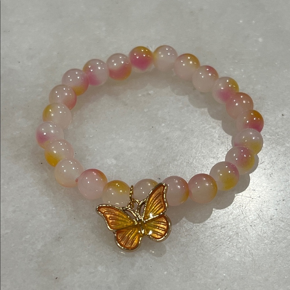Elegant Pink and Yellow Beaded Bracelet with Butterfly Charm